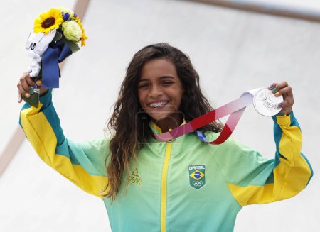 Photo for Tokyo - Japan July 26 , 2021 , Tokyo 2020 Olympic Games Skateboarding 13 - year - old Brazilian athlete Rayssa Leal , won the silver medal and became the youngest athlete to win an Olympic medal - Royalty Free Image