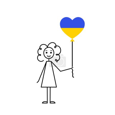 Illustration for Happy ukrainian girl, love Ukraine sketch, curly girl with a heart shaped balloon, black line simple vector illustration - Royalty Free Image
