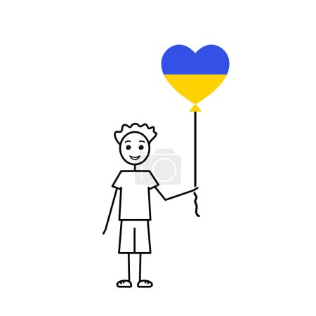 Illustration for Happy ukrainian boy, love Ukraine sketch, little guy with a heart shaped balloon, black line simple vector illustration - Royalty Free Image