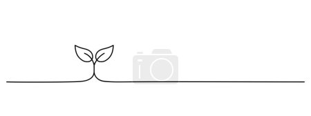 Ilustración de Planta creciente arte de una línea, dos hojas lineales, ilustración de vectores de línea negra, carrera editable, elemento de diseño de borde horizontal - Imagen libre de derechos
