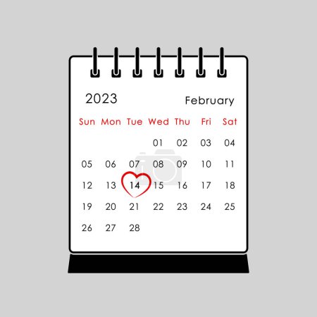 Téléchargez les illustrations : Calendrier Saint-Valentin en forme de coeur le 14 février 2023, illustration vectorielle de couleurs rouge, noir et blanc sur fond gris - en licence libre de droit