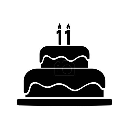Téléchargez les illustrations : Gâteau d'anniversaire avec numéro onze bougie, simple icône vectorielle remplie de noir - en licence libre de droit
