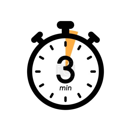 Téléchargez les illustrations : Three minute stopwatch icon, timer symbol for product labels, cooking time, cosmetic or chemical application time, 3 min waiting time simple vector illustration - en licence libre de droit