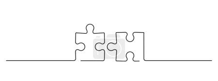 continuous one line drawing of two pieces of jigsaw on white background, puzzle game symbol and sign business metaphor of problem solving, solution, partnership and strategy, vector illustration