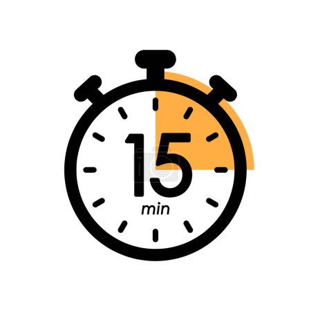 Ilustración de Fifteen minutes stopwatch icon, timer symbol, cooking time, cosmetic or chemical application time, 15 min waiting time simple vector illustration - Imagen libre de derechos