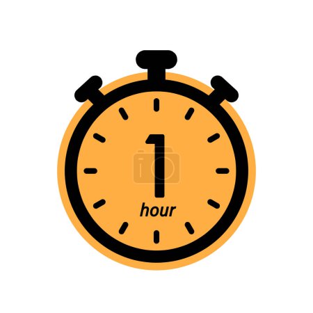 Ilustración de One hour stopwatch icon, timer symbol, cooking time, cosmetic or chemical application time, 1 hr waiting time simple vector illustration - Imagen libre de derechos
