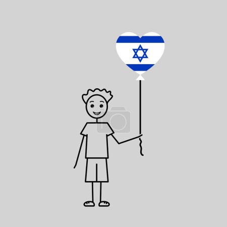 Illustration for Hand drawn jewish boy, love Israel sketch, male character with a heart shaped balloon, simple black line vector illustration - Royalty Free Image