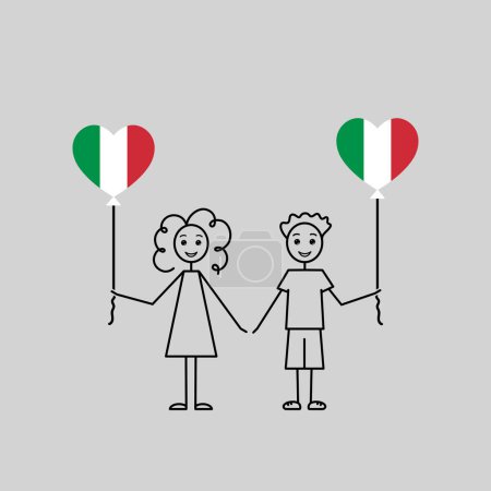italian children, love Italy sketch, girl and boy with a heart shaped balloon, black line simple vector illustration