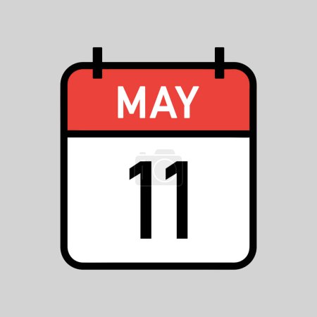 Téléchargez les illustrations : 11 mai, page de calendrier en couleur rouge et blanc avec contour noir, date du calendrier illustration vectorielle simple - en licence libre de droit