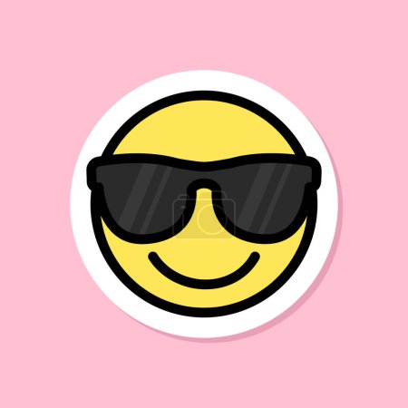 Illustration for Smiling face with sunglasses emoji sticker, black outline, cute sticker on pink background, groovy aesthetic, simple vector design element - Royalty Free Image