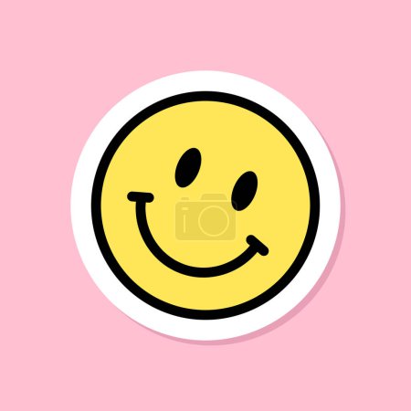 smiling emoji sticker, yellow symbol with black outline, cute smile sticker on pink background, groovy aesthetic simple vector design element