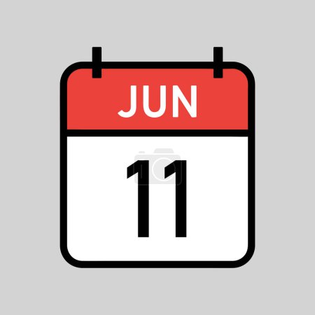 Téléchargez les illustrations : 11 juin, page de calendrier couleur rouge et blanc avec contour noir, date du calendrier illustration vectorielle simple - en licence libre de droit