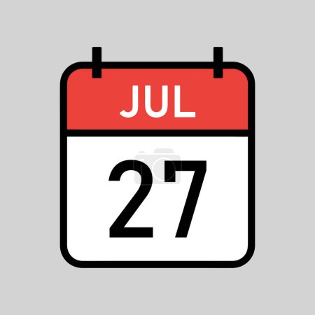Illustration for July 27, red and white color calendar page with black outline, calendar date simple vector illustration - Royalty Free Image