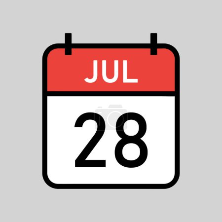 Illustration for July 28, red and white color calendar page with black outline, calendar date simple vector illustration - Royalty Free Image