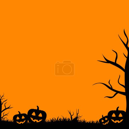Téléchargez les illustrations : Fond Halloween, silhouette noire de citrouilles et silhouettes d'arbres effrayants, illustration vectorielle panoramique, décoration murale du bas, noir et orange - en licence libre de droit