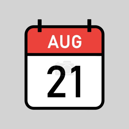 Téléchargez les illustrations : 21 août, page de calendrier couleur rouge et blanc avec contour noir, date du calendrier illustration vectorielle simple - en licence libre de droit