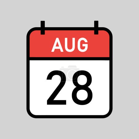 Illustration for August 28, red and white color calendar page with black outline, calendar date simple vector illustration - Royalty Free Image