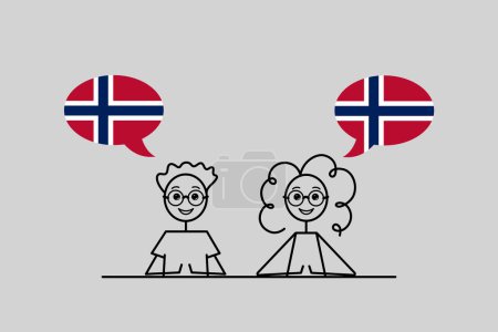 Téléchargez les illustrations : Haut-parleurs norvégiens, garçon et fille de dessin animé avec des bulles d'expression en couleurs du drapeau norvégien, l'apprentissage de la langue norsk croquis vectoriel - en licence libre de droit