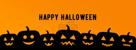 Téléchargez les illustrations : Joyeux Halloween, citrouilles sculptées, carte de vœux vectoriel panoramique noir et orange - en licence libre de droit