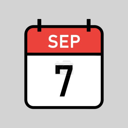 Illustration for September 7, red and white color calendar page with black outline, calendar date simple vector illustration - Royalty Free Image