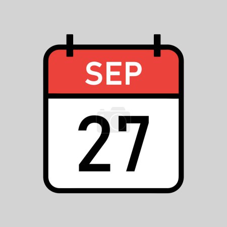 Illustration for September 27, red and white color calendar page with black outline, calendar date simple vector illustration - Royalty Free Image