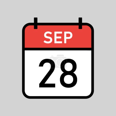 Illustration for September 28, red and white color calendar page with black outline, calendar date simple vector illustration - Royalty Free Image