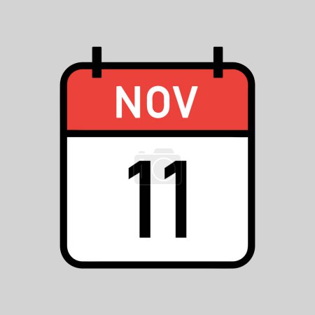 Téléchargez les illustrations : 11 novembre, page de calendrier couleur rouge et blanc avec contour noir, date du calendrier illustration vectorielle simple - en licence libre de droit