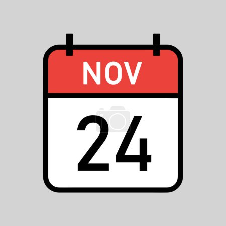 Illustration for November 24, red and white color calendar page with black outline, calendar date simple vector illustration - Royalty Free Image