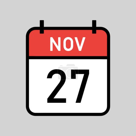 Illustration for November 27, red and white color calendar page with black outline, calendar date simple vector illustration - Royalty Free Image