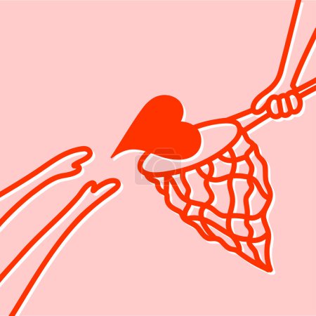 Illustration for Heart catching with butterfly net, catch, hunt, trap, chase symbol, pink and red combo, hand drawn vector illustration - Royalty Free Image