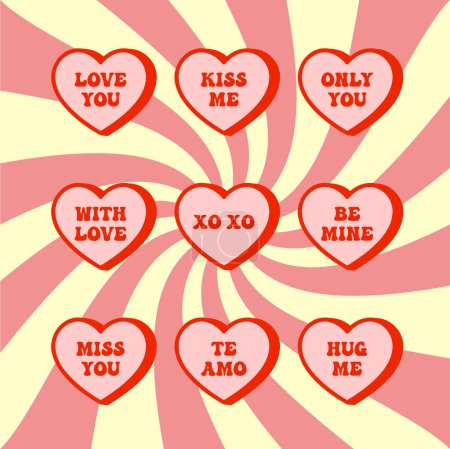 Téléchargez les illustrations : Groovy Valentine bonbons coeur dictons, ensemble d'éléments de conception vectorielle mignonne - en licence libre de droit