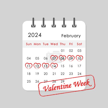 semana de San Valentín destacado en el calendario mensual con forma de corazón, ilustración vector simple