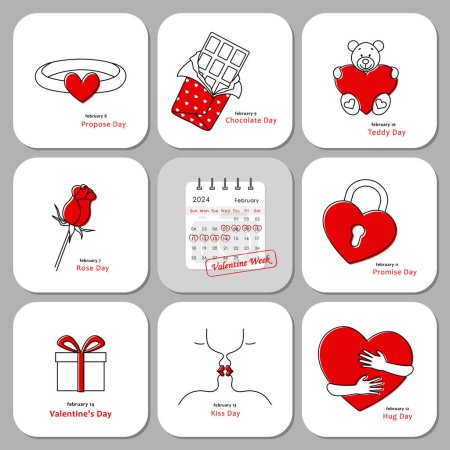 Valentinstag Woche 2024 Set Vektor-Karten, rot, weiß und schwarz