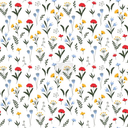 Téléchargez les illustrations : Motif floral printanier sans couture avec des fleurs et des feuilles rouges, bleues et jaunes, fond vectoriel de fleurs d'art, design textile botanique - en licence libre de droit