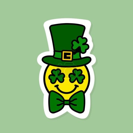 Ilustración de Pegatina emoji día de San Patricio, emoticono duende con sombrero verde y pajarita, elementos de diseño de vectores - Imagen libre de derechos
