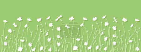 Téléchargez les illustrations : Silhouette de fleurs cosmos, fond floral décoratif, fond blanc sur fond vert, illustration vectorielle panoramique - en licence libre de droit