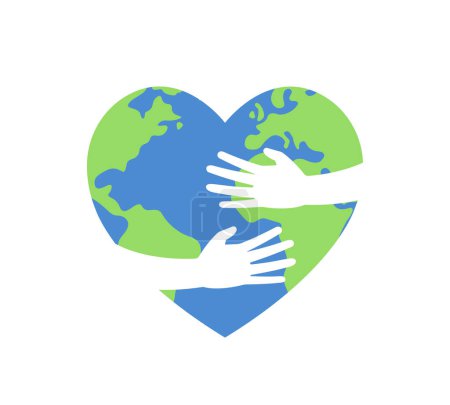 love your planet concept, heart shaped earth symbol with hugging hands, vector icon