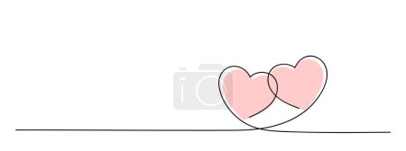 two hearts continuous one line drawing, valentines day, love black linear panoramic vector decorative element, editable stroke