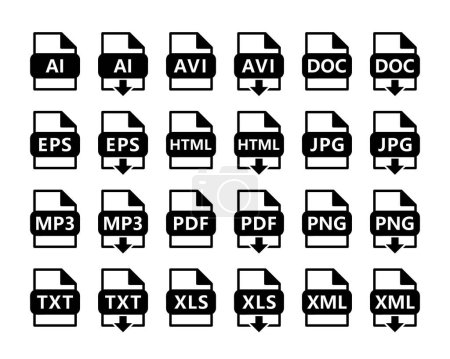 file format icon set, file extensions, download popular files format black vector sign
