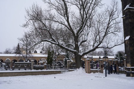 Photo for Prague, Czech Republic - December 3, 2023 - Winter in Prague city. The Slavin - the Vysehrad Cemetery on a snowy  afternoon - Royalty Free Image