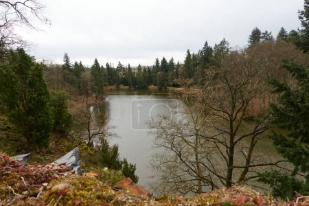 Pruhonice, Czech Republic - March 29, 2024 - the Borin Pond in the Pruhonice Park near Prague at the beginning of spring                                 