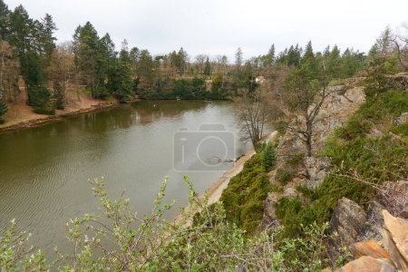Pruhonice, Czech Republic - March 29, 2024 - the Borin Pond in the Pruhonice Park near Prague at the beginning of spring                                 