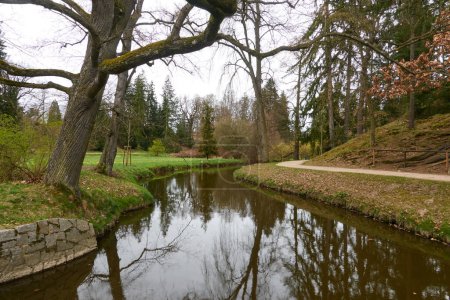 Pruhonice, Czech Republic - March 29, 2024 - The Chateau Park at Pruhonice Chateau near Prague at the beginning of spring                               