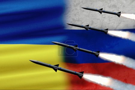 Téléchargez les photos : Les missiles militaires volent de la Russie à l'Ukraine sur fond de drapeaux, une volée de missiles. Concept : guerre en Ukraine, agression russe, tirs de roquettes, - en image libre de droit