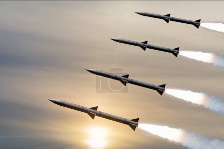 Military missiles fly against the background of the sunset sky, leaving behind white smoke, a volley of missiles. Concept: war in Ukraine, rocket attack,