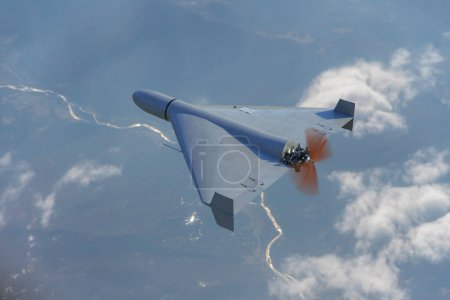 Top view of Russian army Shahid combat drone in the sky against clouds, flying over the ground war in Ukraine, drone attack, 3d render.