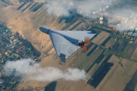 Military kamikaze drone Shahed flying in the clouds over rural landscape, Iranian combat drone in the sky, war in Ukraine, 3d render.