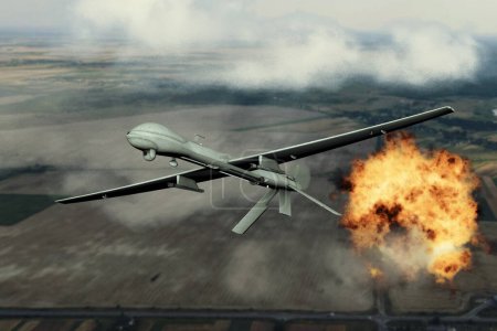 Combat attack drone dropping bombs, blowing up military facilities, flying in the clouds, aerial view, explosion of fire and smoke, war in Ukraine, Armenia, 3d render.