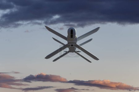 Téléchargez les photos : Vue du bas du drone de combat militaire russe "Lancet" sur fond de nuages, guerre en Ukraine, attaque de drone. - en image libre de droit