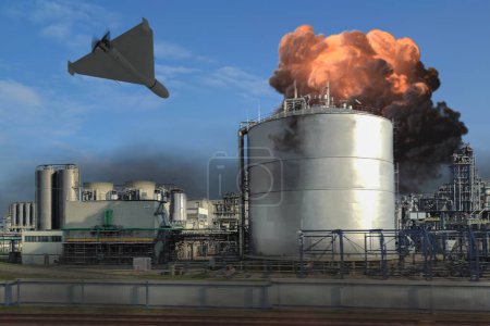 eine unbemannte Drohne greift ein Öldepot an, Öl verbrennt und raucht, ein Feuer in einer Ölraffinerie.